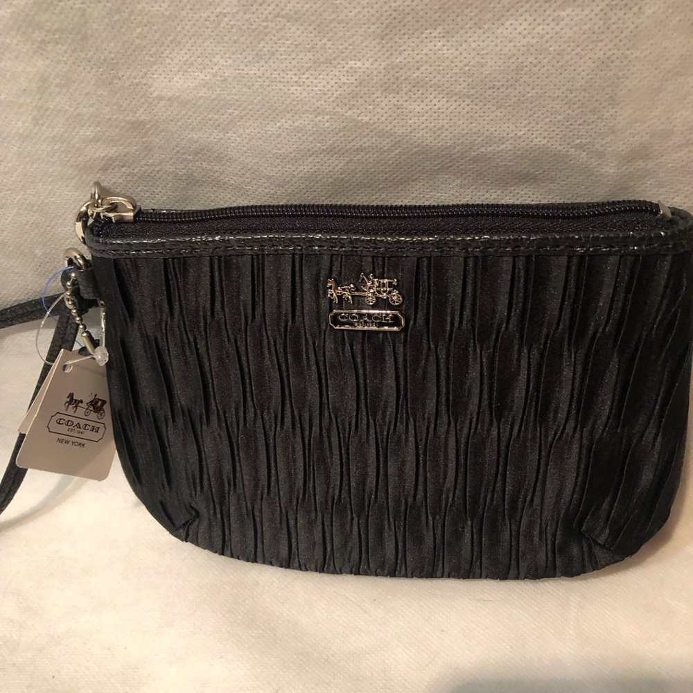 NWT Gorgeous Coach Textured Black Wristlet with Leather Trim and Silver Accents